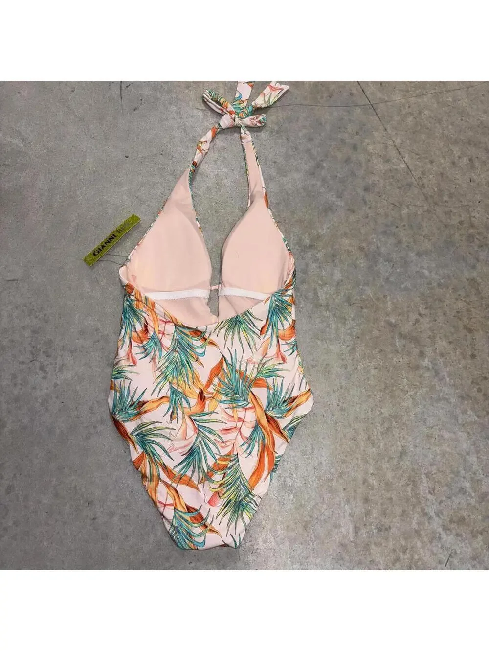 NWT Gianni Bini Pastel Pink Tropical Print Halter Top One Piece Swim Suit Beach